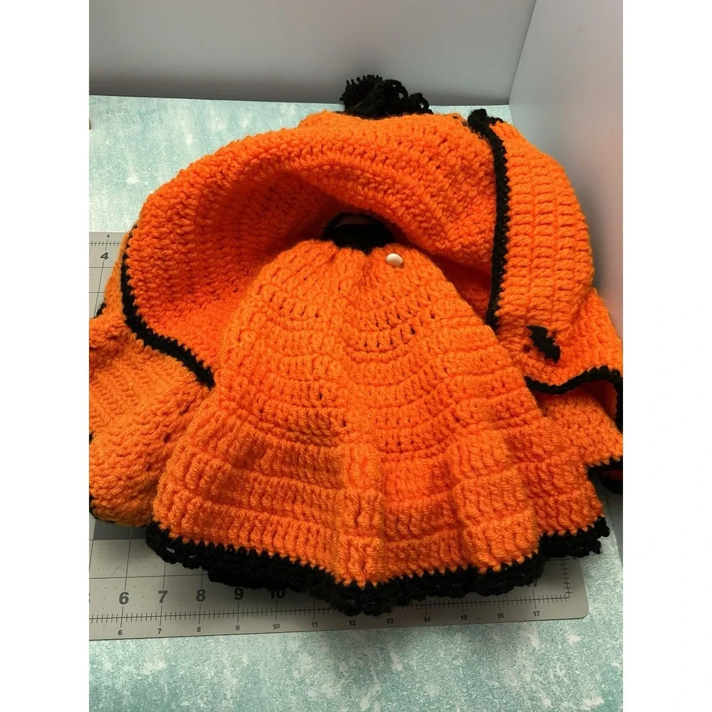 Vtg Halloween  Doll Black Hair Sleepy Eye Crochet Pumpkin Color Dress With Stand